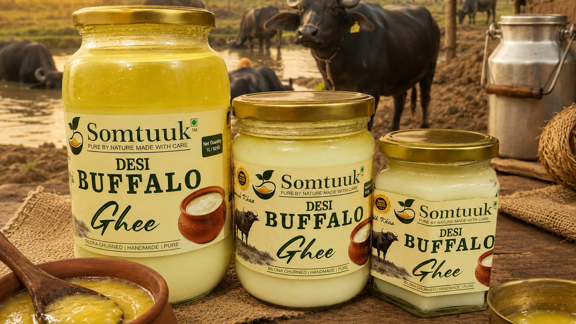 Somtuuk Desi Buffalo Ghee jars with grass-fed buffaloes in the background