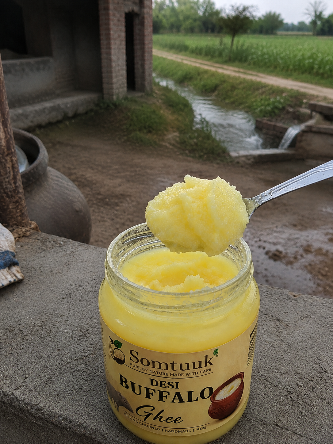 Open jar of Somtuuk Bilona buffalo ghee with rich danedaar texture